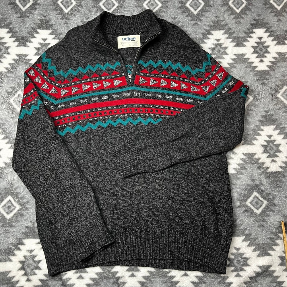 Urban Pipeline Mens Fair Isle Quarter Zip Sweater Charcoal Red Teal XXL